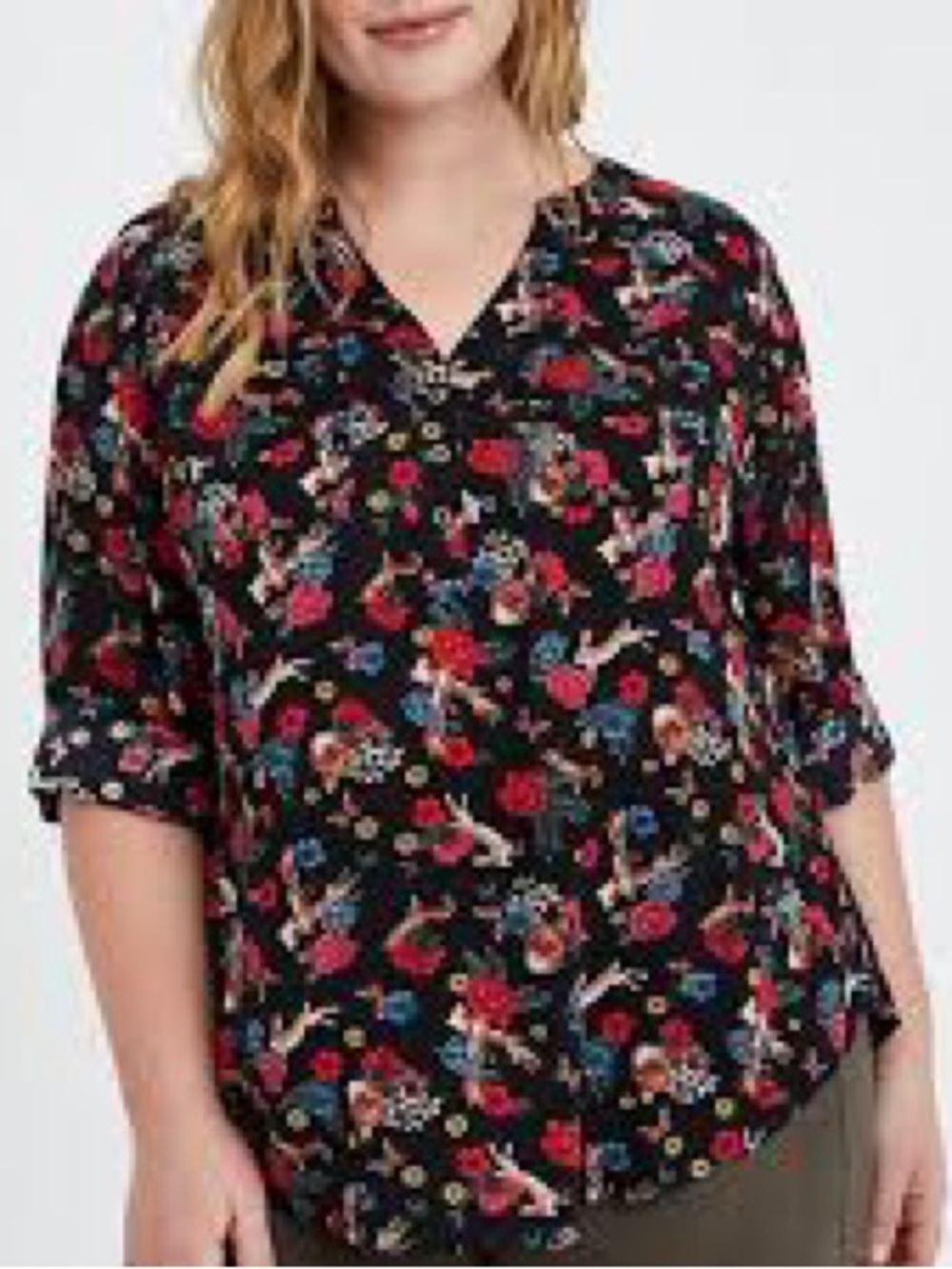 Philosophy animal rabbit fox women’s 3x Black Floral Split V-Neck Roll-Tab Top - Picture 2 of 9